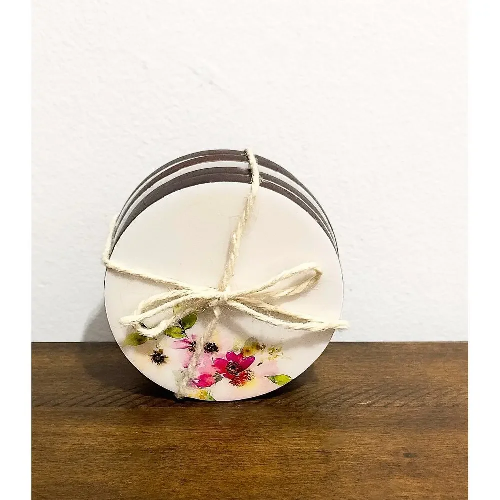 NWT: Godinger - Set of 4, Walnut Wood & Enamel, Floral Coasters
